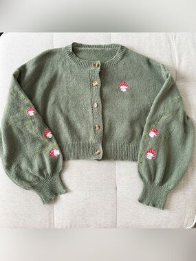 Fairycore Mushroom Embroidered Cropped Cardigan Green Cottagecore Large